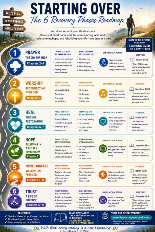 This is an overview of the 6 phases for recovery from the 'Starting Over: Life 2.0 With God' book.